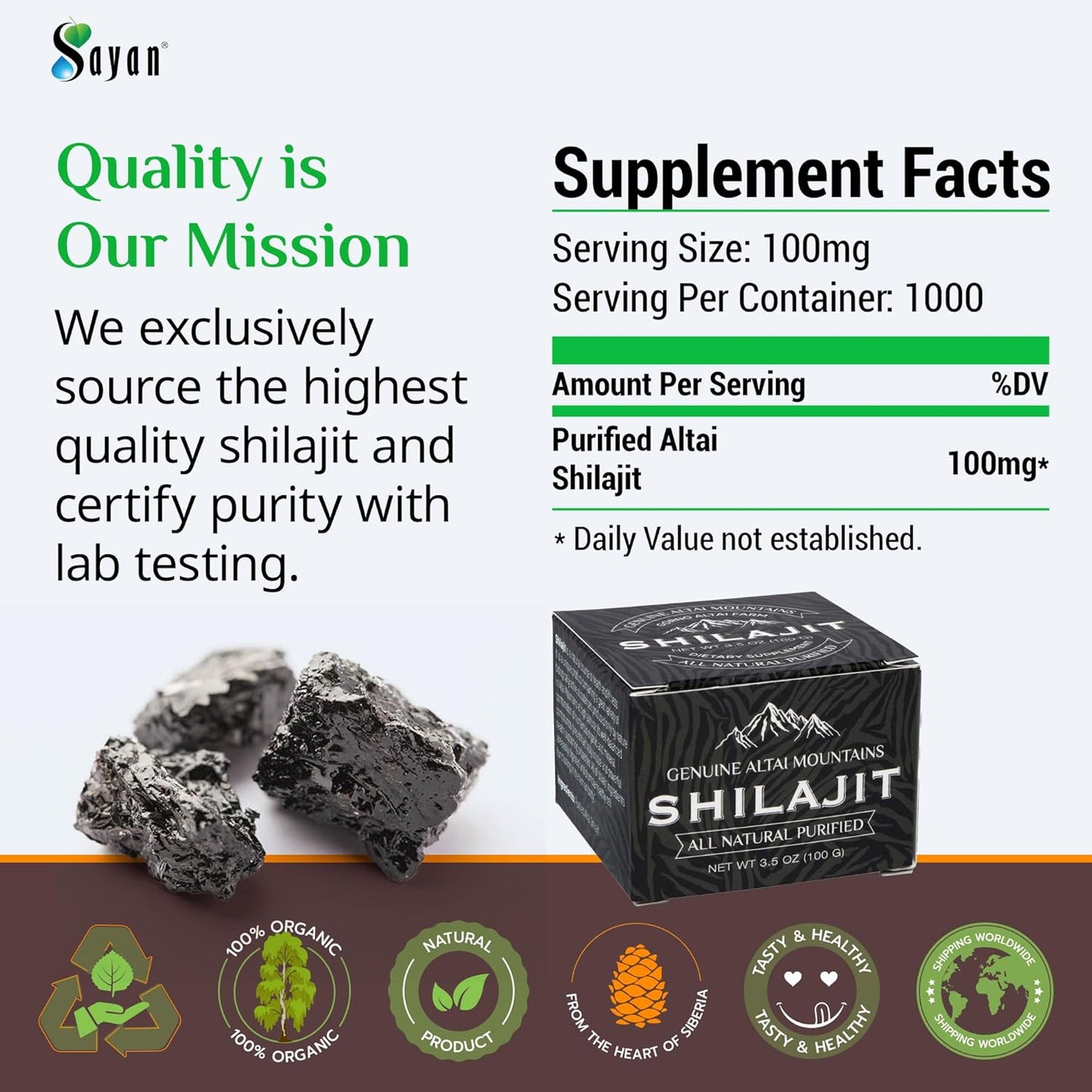 Organic Sayan Shilajit Resin 3.5oz/100g - Vegan Fulvic Acid Supplement for Immune System, Memory, Focus, and Energy - Detox Support