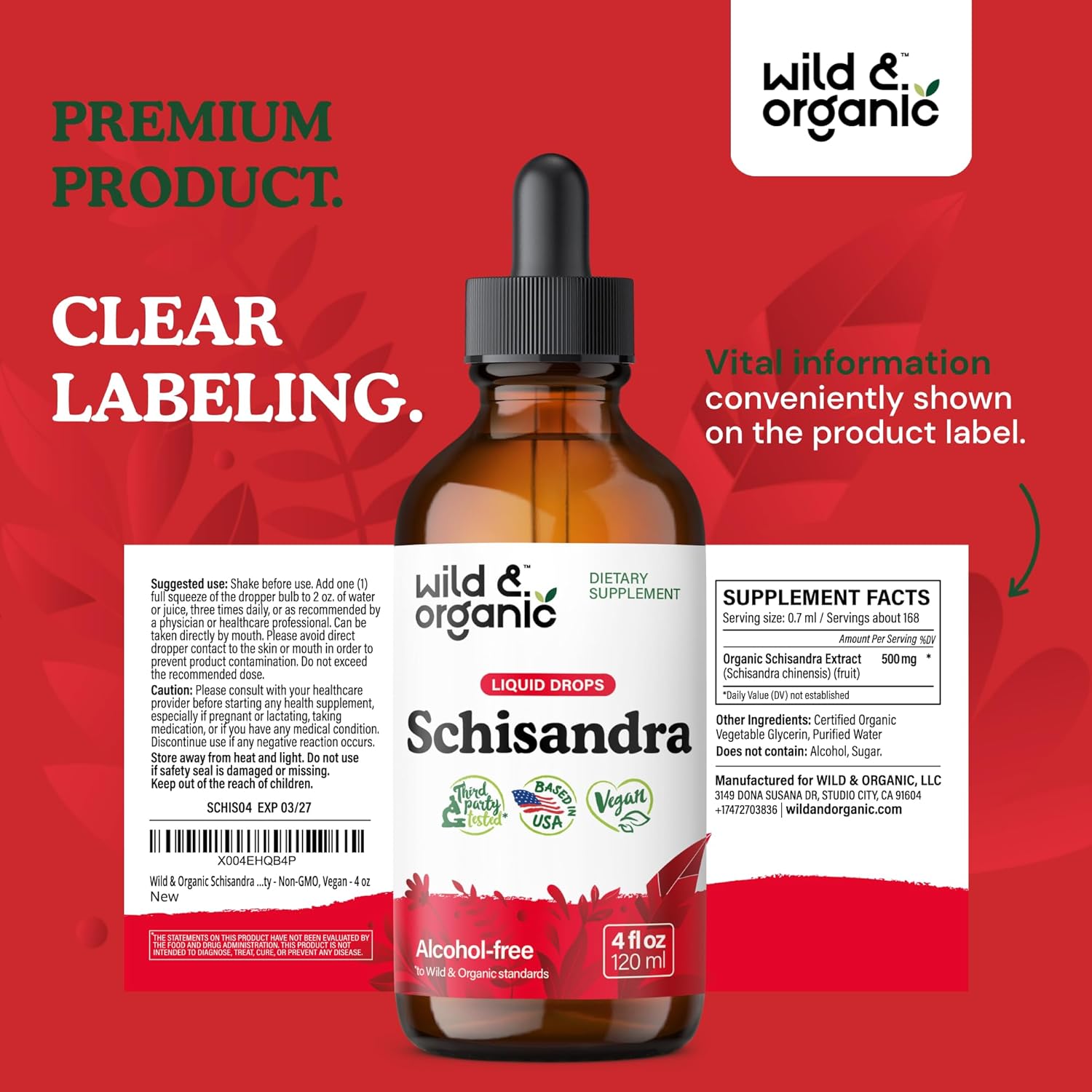 Organic Schisandra Tincture 500mg - Natural Relaxation Supplement - Liquid Chinensis Berry Extract - Vegan, Sugar & Alcohol-Free - 4 fl oz
