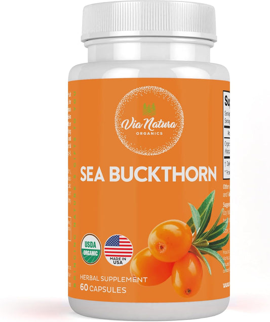 Organic Sea Buckthorn Capsules 1000mg | Herbal Supplement with Omega Fatty Acids | 60 Capsules | Via Natura Organics