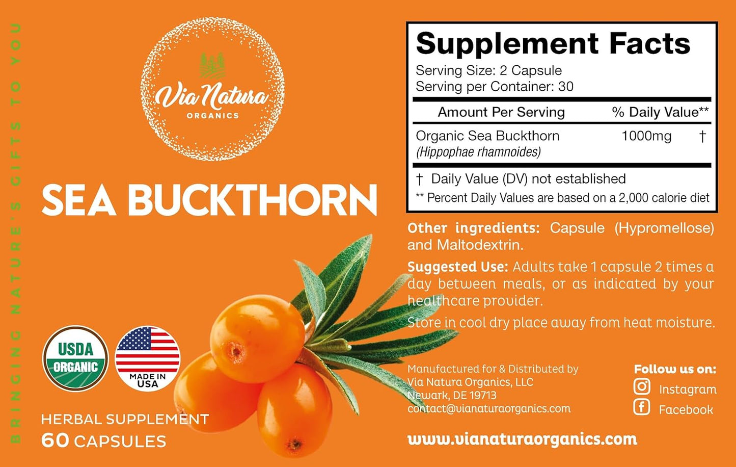 Organic Sea Buckthorn Capsules 1000mg | Herbal Supplement with Omega Fatty Acids | 60 Capsules | Via Natura Organics