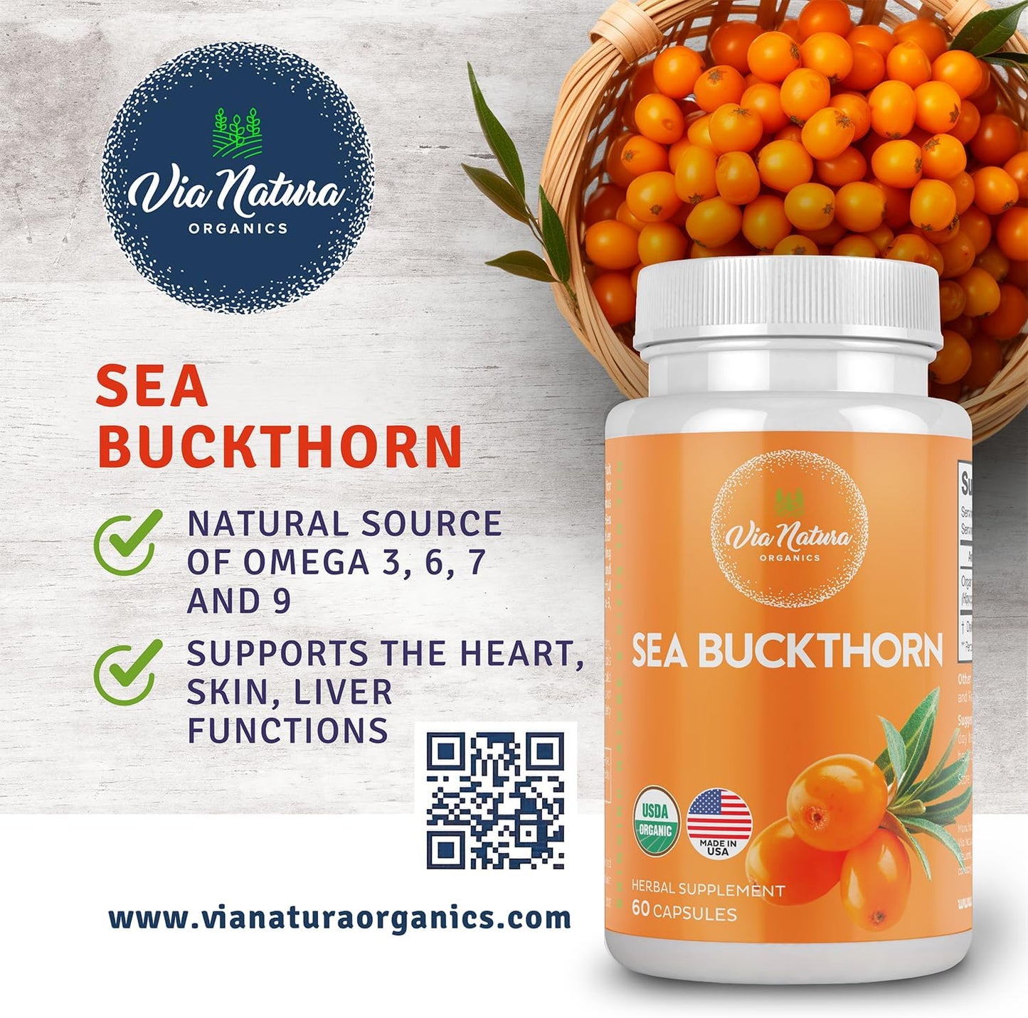 Organic Sea Buckthorn Capsules 1000mg | Herbal Supplement with Omega Fatty Acids | 60 Capsules | Via Natura Organics