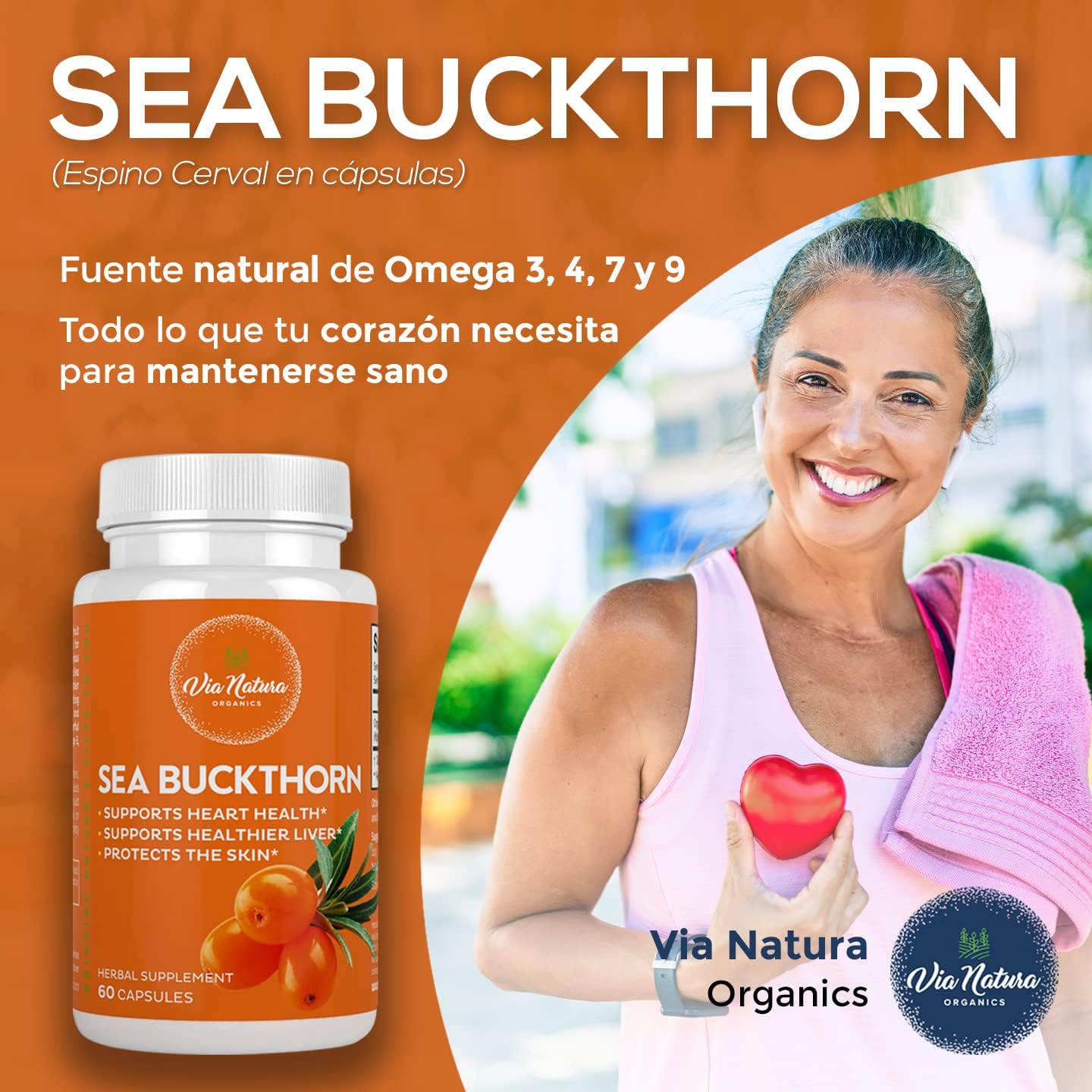 Organic Sea Buckthorn Capsules 1000mg | Herbal Supplement with Omega Fatty Acids | 60 Capsules | Via Natura Organics