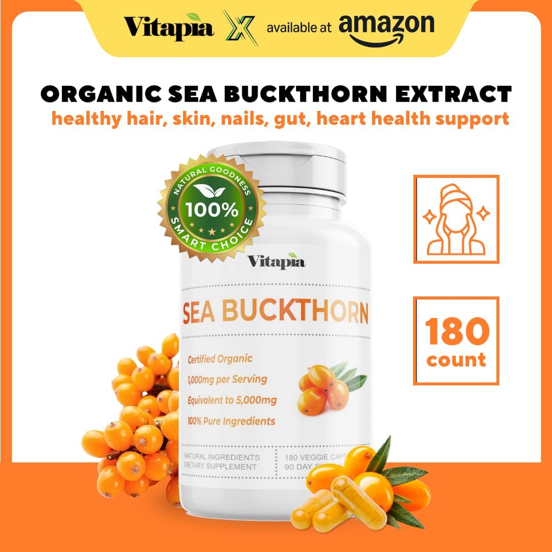 Organic Sea Buckthorn Extract Capsules for Heart Health, Skin, Immune Support - 5:1 Ratio - 180 Veggie Capsules - Omega 7, 3, 6, 9 - Non-GMO, Gluten-Free, Vegan