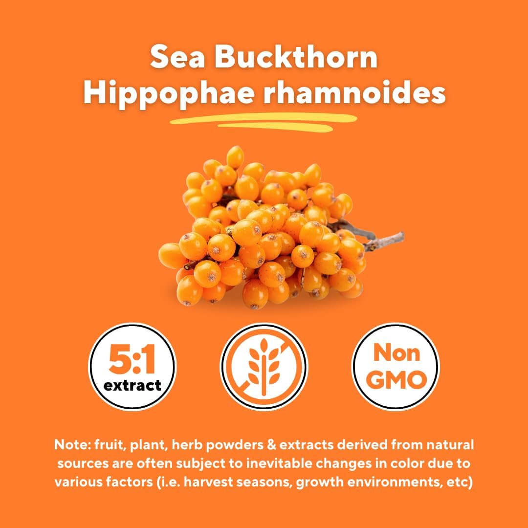Organic Sea Buckthorn Extract Capsules for Heart Health, Skin, Immune Support - 5:1 Ratio - 180 Veggie Capsules - Omega 7, 3, 6, 9 - Non-GMO, Gluten-Free, Vegan