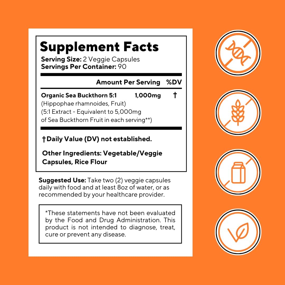 Organic Sea Buckthorn Extract Capsules for Heart Health, Skin, Immune Support - 5:1 Ratio - 180 Veggie Capsules - Omega 7, 3, 6, 9 - Non-GMO, Gluten-Free, Vegan