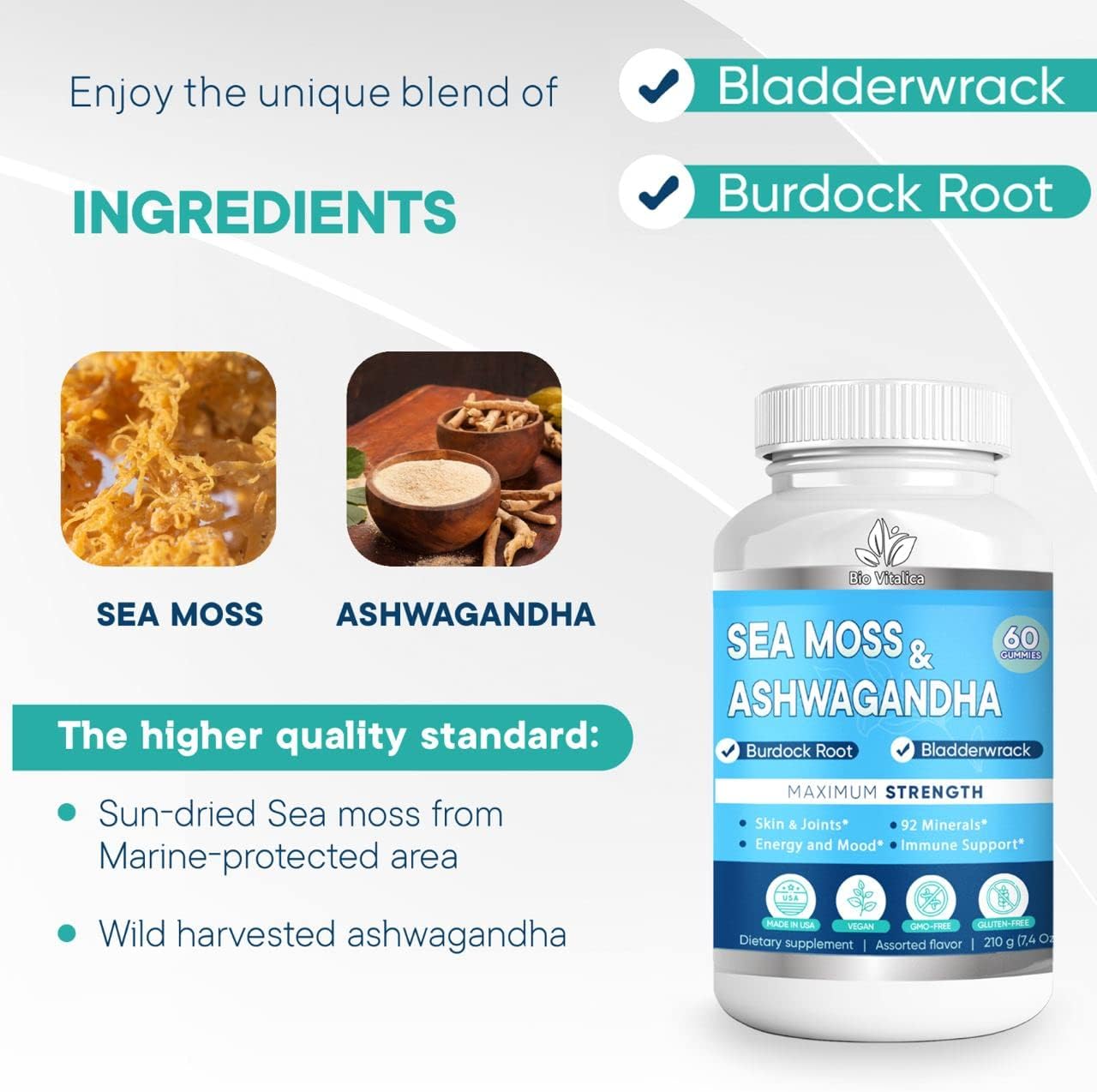 Organic Sea Moss and Ashwagandha Gummies for Energy and Immunity - 60 Vegan Supplements for Men and Women - BoostGo Australia