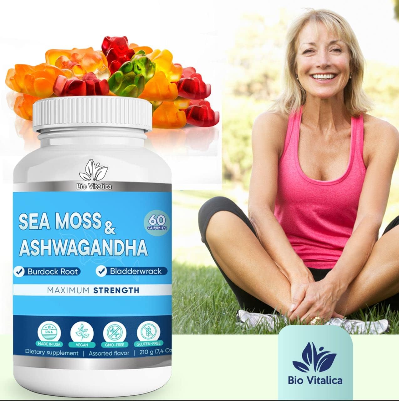 Organic Sea Moss and Ashwagandha Gummies for Energy and Immunity - 60 Vegan Supplements for Men and Women - BoostGo Australia