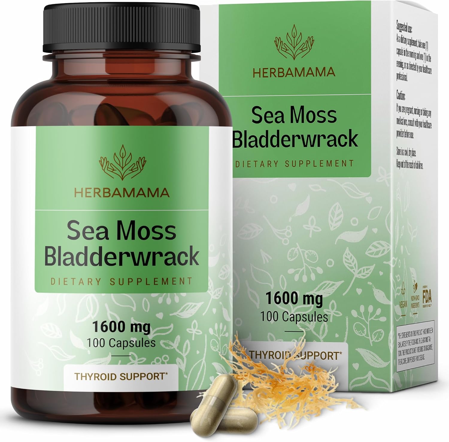 Organic Sea Moss and Bladderwrack Capsules - 1600mg Immune Support Blend - Vegan, Non-GMO Supplement for Overall Health - 100 Capsules