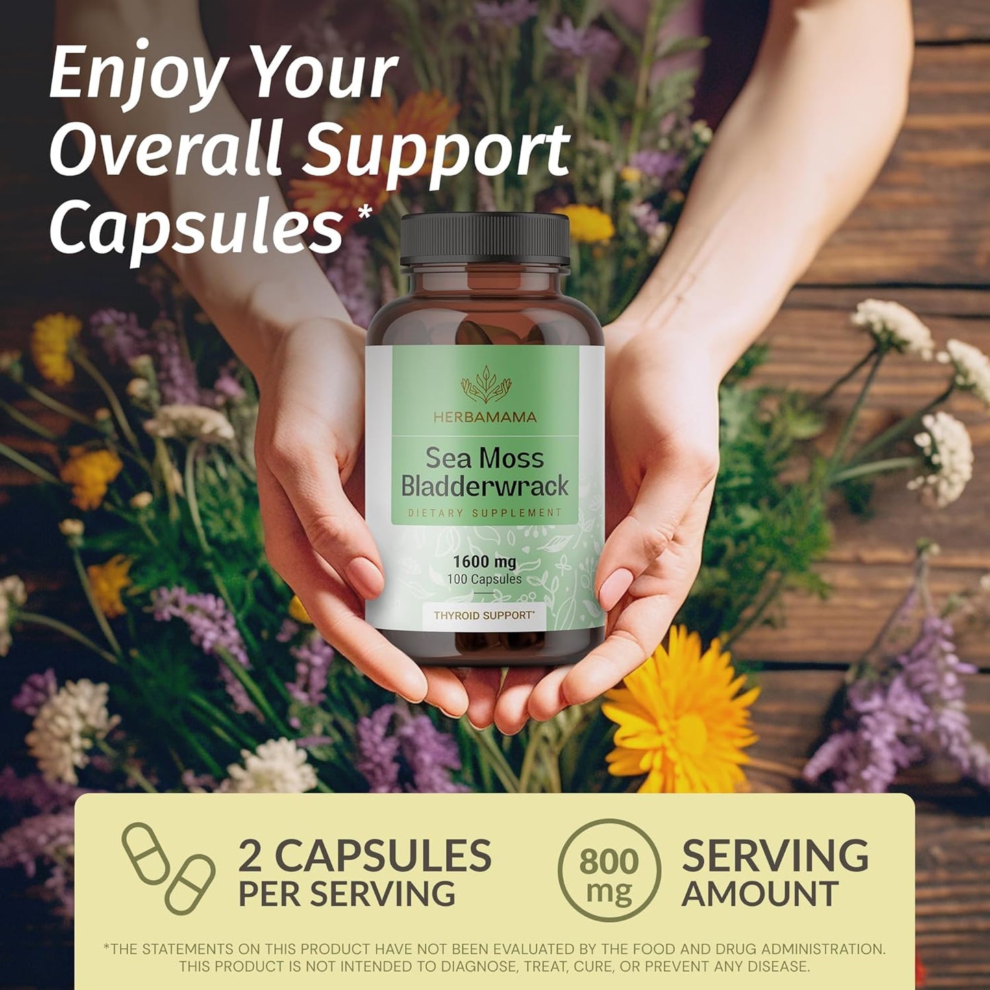 Organic Sea Moss and Bladderwrack Capsules - 1600mg Immune Support Blend - Vegan, Non-GMO Supplement for Overall Health - 100 Capsules