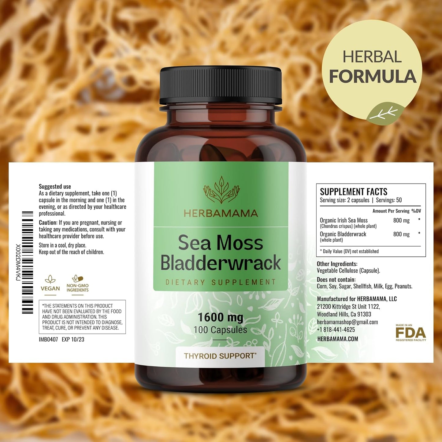 Organic Sea Moss and Bladderwrack Capsules - 1600mg Immune Support Blend - Vegan, Non-GMO Supplement for Overall Health - 100 Capsules