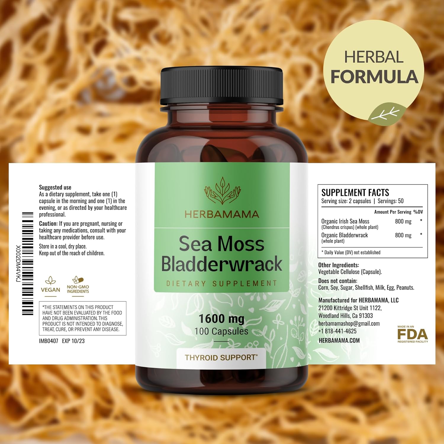 Organic Sea Moss and Bladderwrack Capsules - 1600mg Immune Support Blend - Vegan, Non-GMO Supplement for Overall Health - 100 Capsules