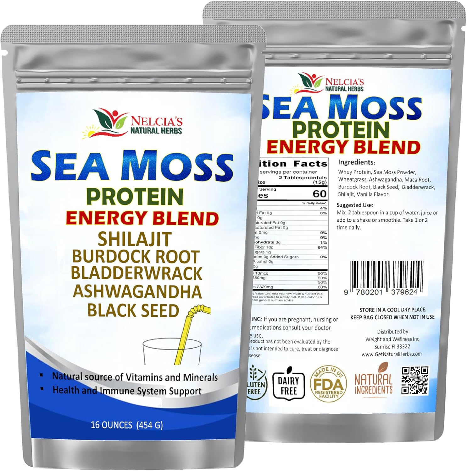 Organic Sea Moss Ashwagandha Protein Powder with Black Seed - Natural Irish Sea Moss, Bladderwrack, Burdock Root, Shilajit (16oz)