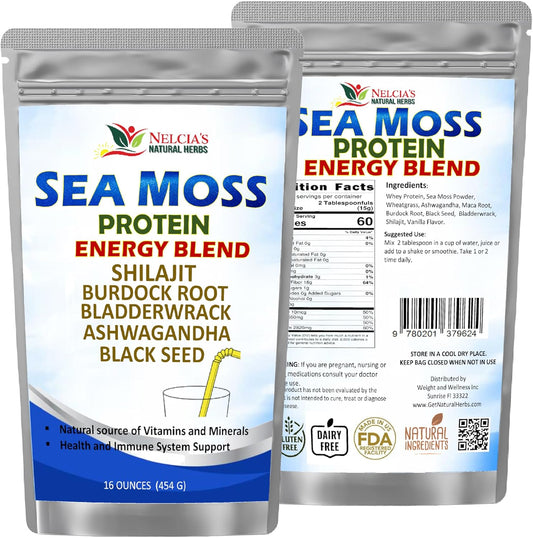 Organic Sea Moss Ashwagandha Protein Powder with Black Seed - Natural Irish Sea Moss, Bladderwrack, Burdock Root, Shilajit (16oz)