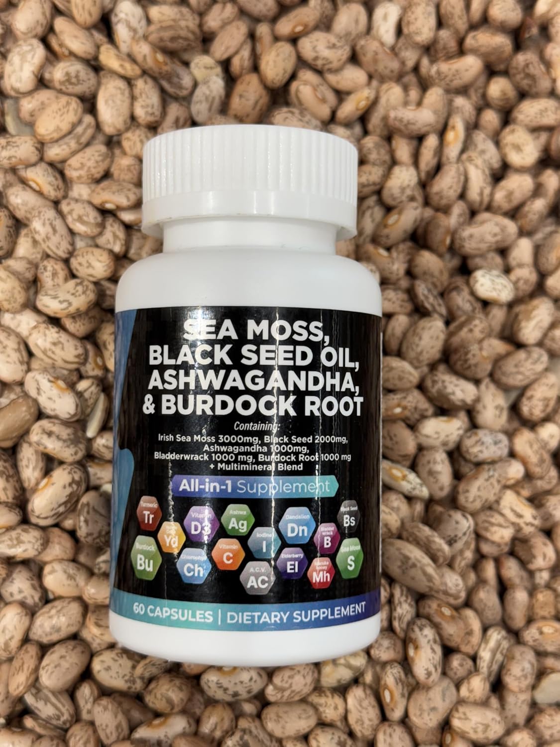 Organic Sea Moss, Black Seed Oil, Ashwagandha, Burdock Root Capsules, 60 Count