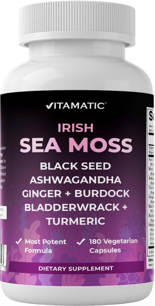 Organic Sea Moss & Black Seed Oil Blend with Ashwagandha, Turmeric, Bladderwrack & Burdock - 180 Vegan Capsules
