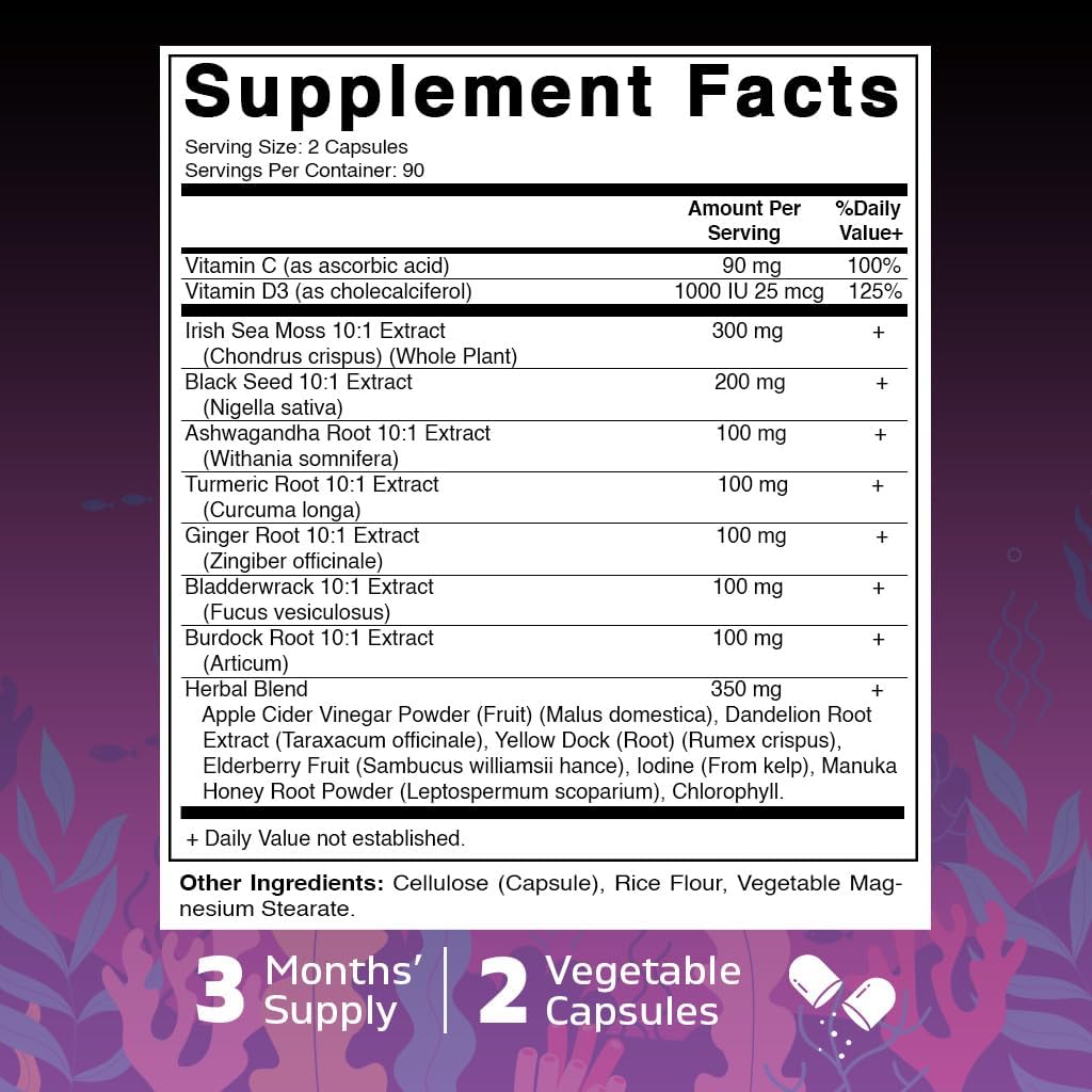 Organic Sea Moss & Black Seed Oil Blend with Ashwagandha, Turmeric, Bladderwrack & Burdock - 180 Vegan Capsules