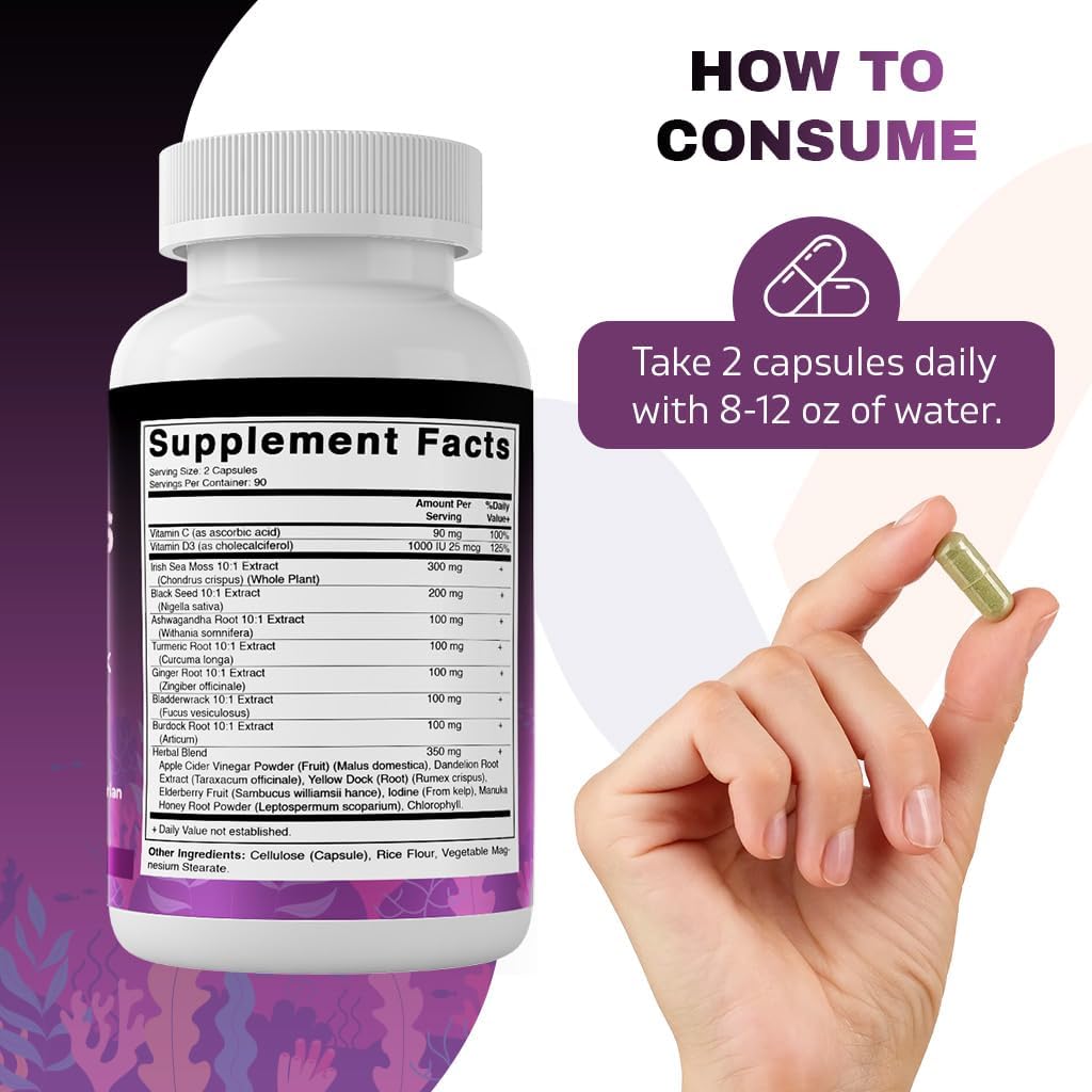 Organic Sea Moss & Black Seed Oil Blend with Ashwagandha, Turmeric, Bladderwrack & Burdock - 180 Vegan Capsules