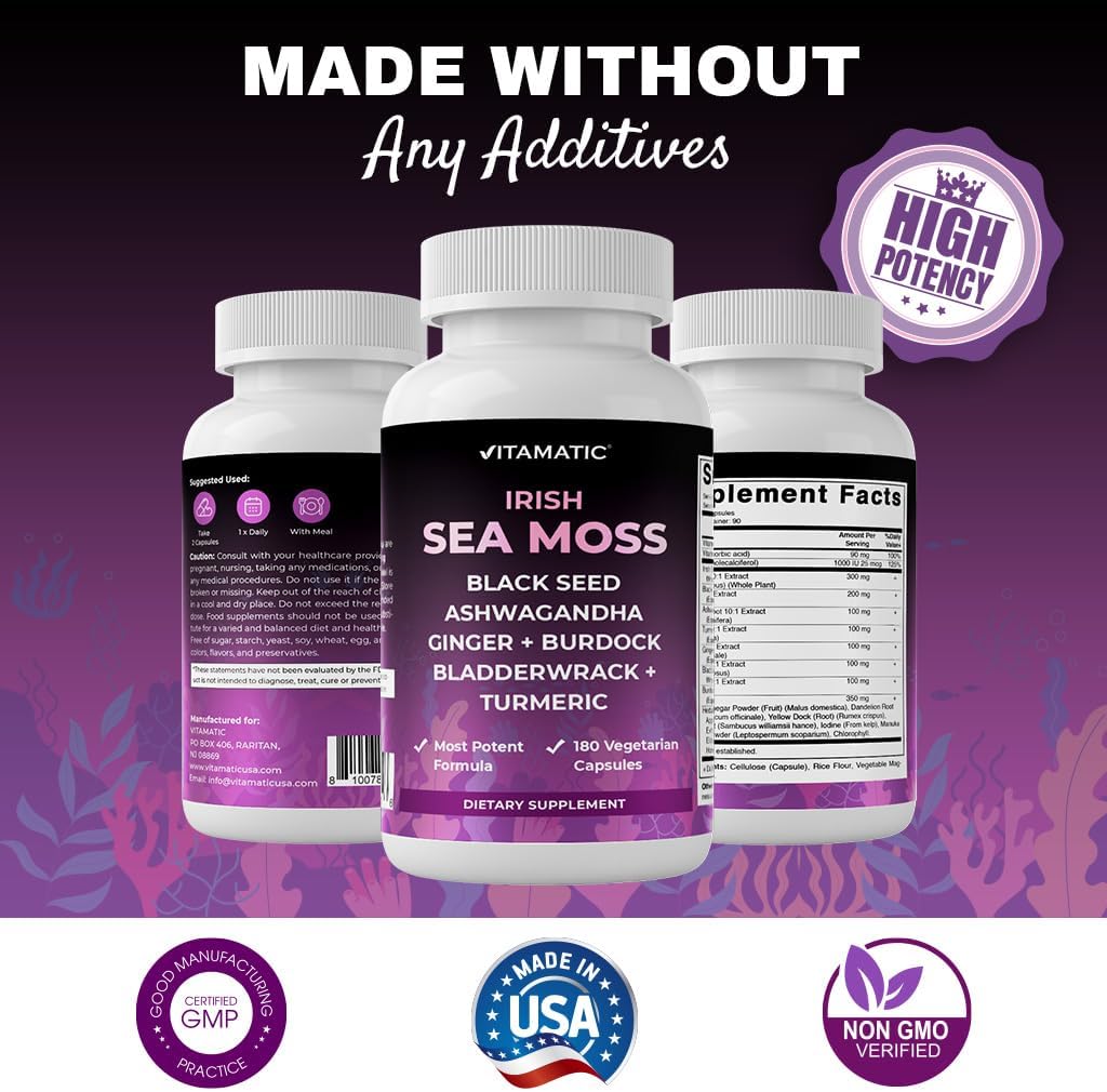Organic Sea Moss & Black Seed Oil Blend with Ashwagandha, Turmeric, Bladderwrack & Burdock - 180 Vegan Capsules