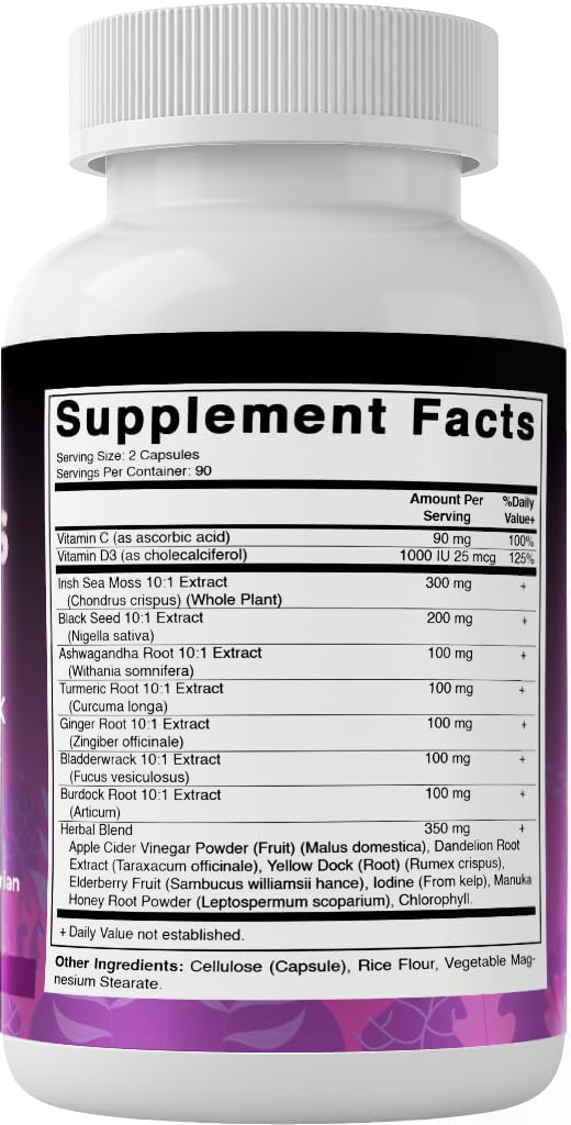 Organic Sea Moss & Black Seed Oil Blend with Ashwagandha, Turmeric, Bladderwrack & Burdock - 180 Vegan Capsules