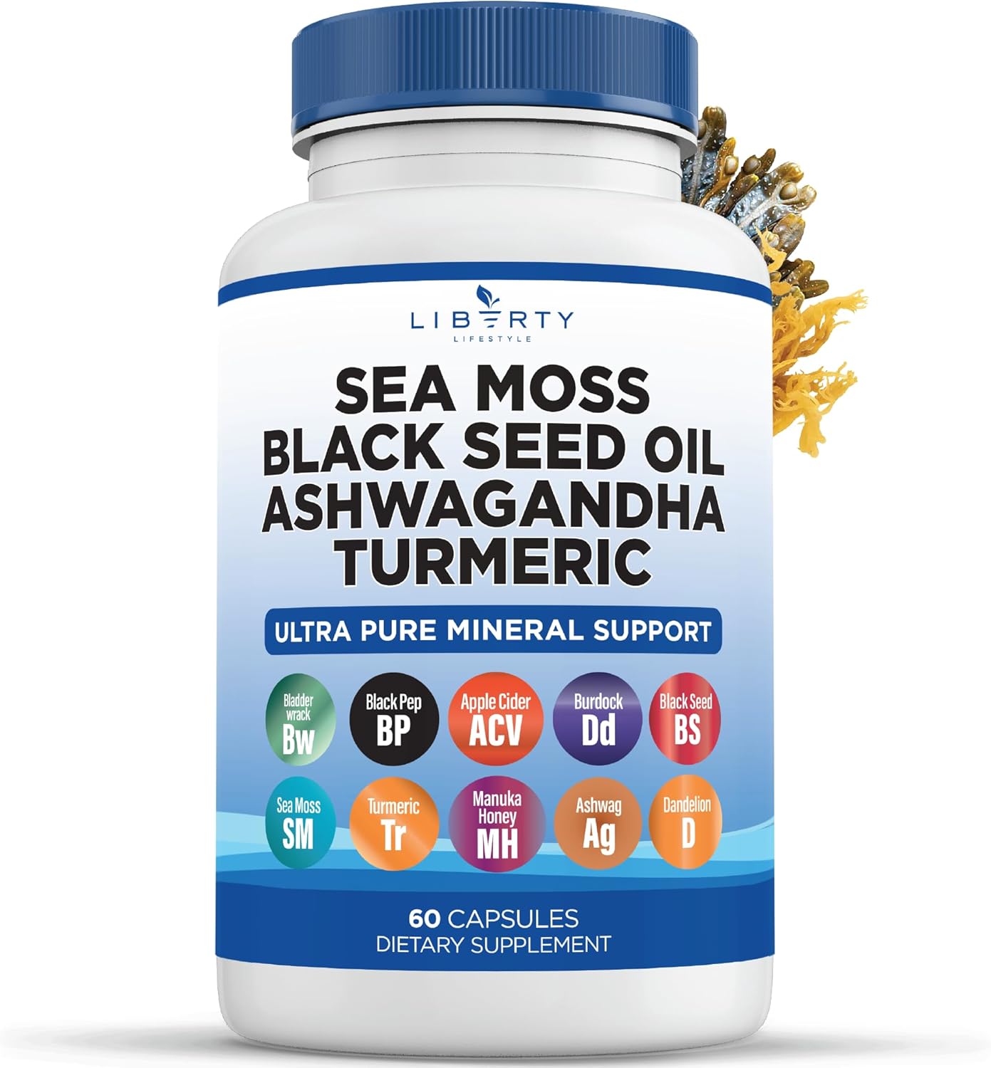 Organic Sea Moss Black Seed Oil with Ashwagandha, Turmeric, Bladderwrack, and Burdock - Infused with Manuka Honey, Dandelion, ACV, and Black Pepper - Gluten-Free Formula - 1-Pack
