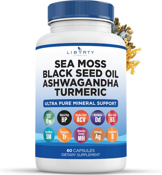 Organic Sea Moss Black Seed Oil with Ashwagandha, Turmeric, Bladderwrack, and Burdock - Infused with Manuka Honey, Dandelion, ACV, and Black Pepper - Gluten-Free Formula - 1-Pack