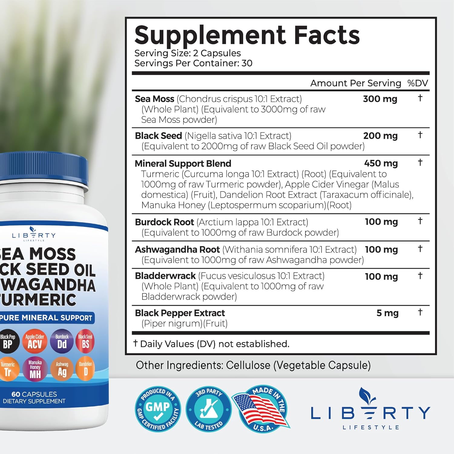 Organic Sea Moss Black Seed Oil with Ashwagandha, Turmeric, Bladderwrack, and Burdock - Infused with Manuka Honey, Dandelion, ACV, and Black Pepper - Gluten-Free Formula - 1-Pack