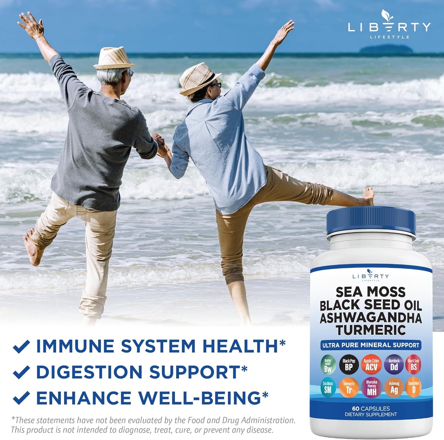 Organic Sea Moss Black Seed Oil with Ashwagandha, Turmeric, Bladderwrack, and Burdock - Infused with Manuka Honey, Dandelion, ACV, and Black Pepper - Gluten-Free Formula - 1-Pack