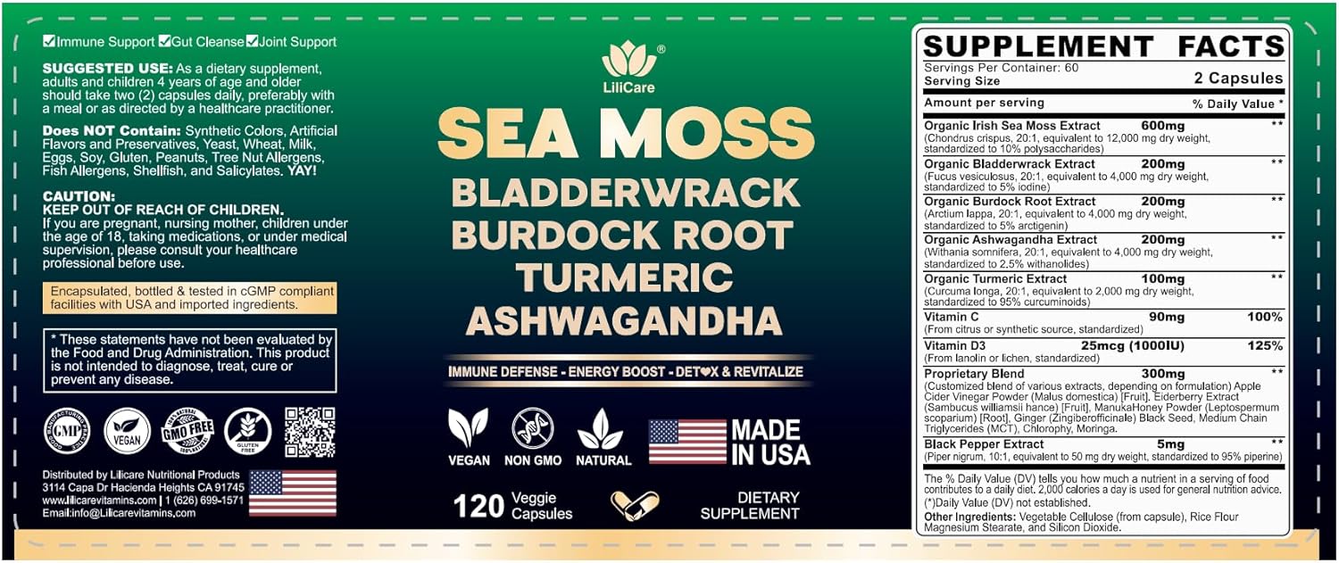 Organic Sea Moss Capsules with 16-in-1 Blend for Immunity, Gut Health, Joints, and Skin - 240 Capsules