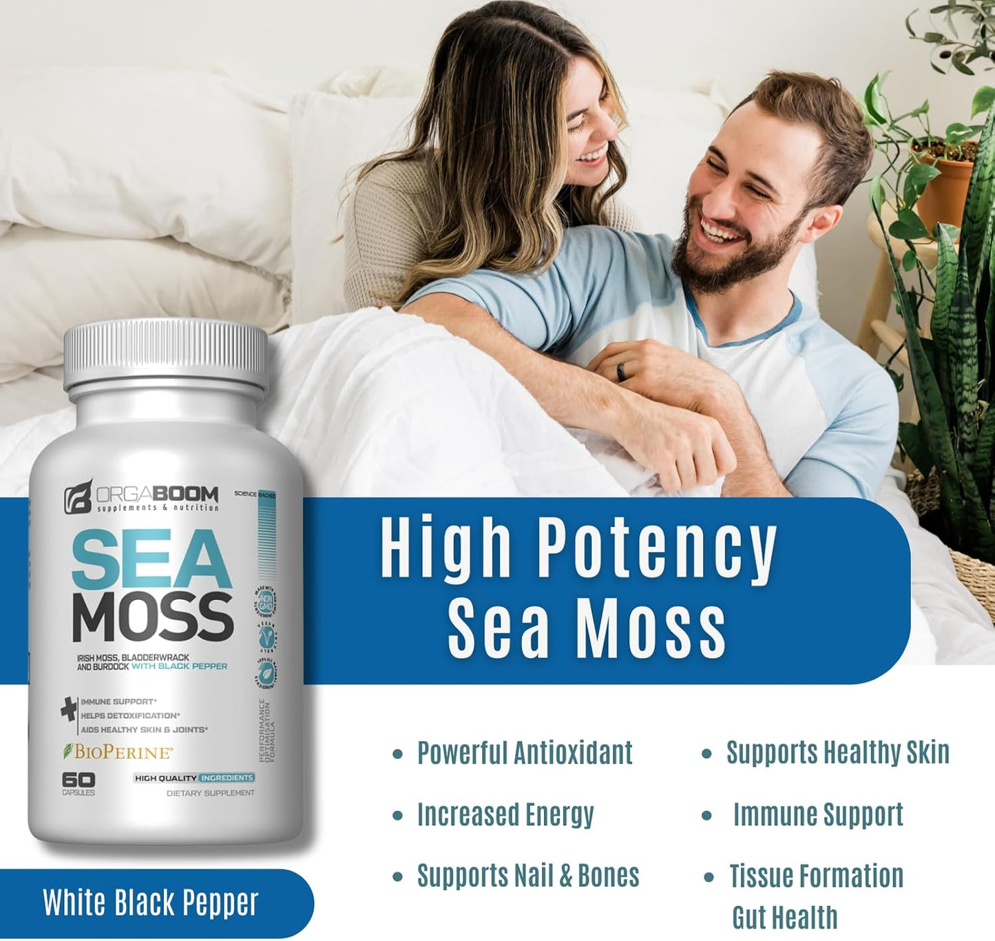 Organic Sea Moss Capsules with Irish Sea Moss, Burdock Root, Bladderwrack & Black Pepper | Energy Boost, Detox & Immune Support | Non-GMO, Vegan | 60 Count - Made in USA