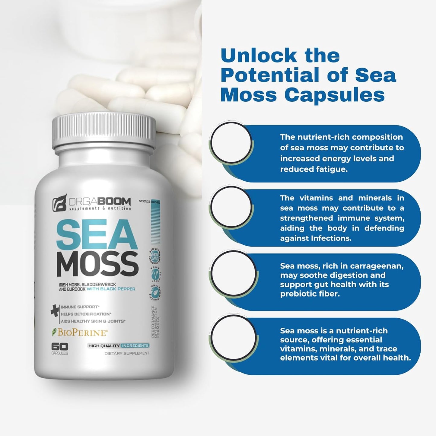 Organic Sea Moss Capsules with Irish Sea Moss, Burdock Root, Bladderwrack & Black Pepper | Energy Boost, Detox & Immune Support | Non-GMO, Vegan | 60 Count - Made in USA
