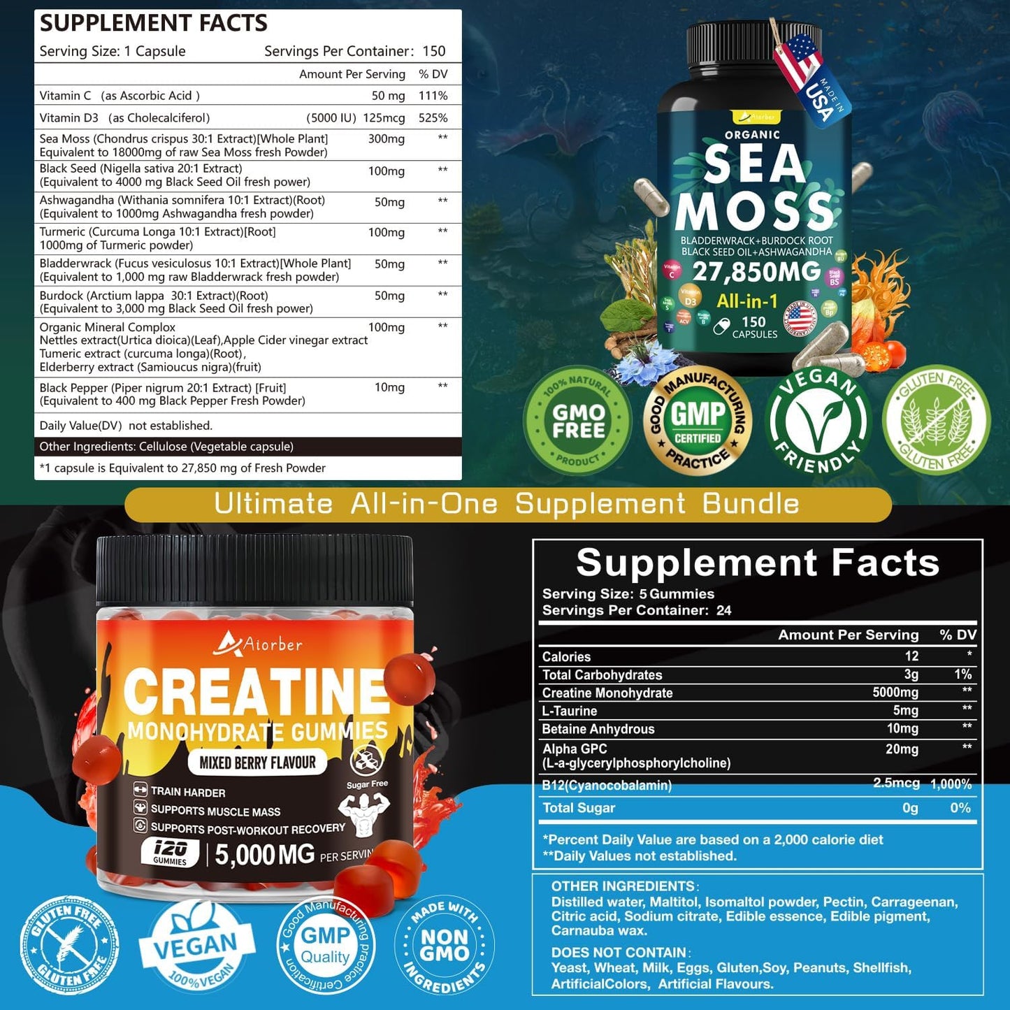 Organic Sea Moss & Creatine Gummies Bundle - 270 Count (2 Pack) with Black Seed Oil, Ashwagandha, Ginger, and Burdock Root