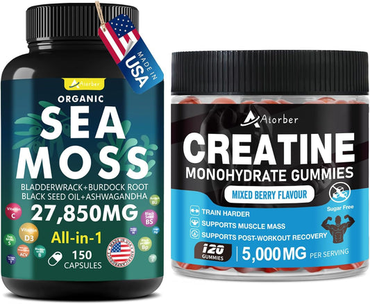 Organic Sea Moss & Creatine Monohydrate Gummies Bundle - 270 Count (2 Pack) with Black Seed Oil, Aşhwagandha, and Ginger