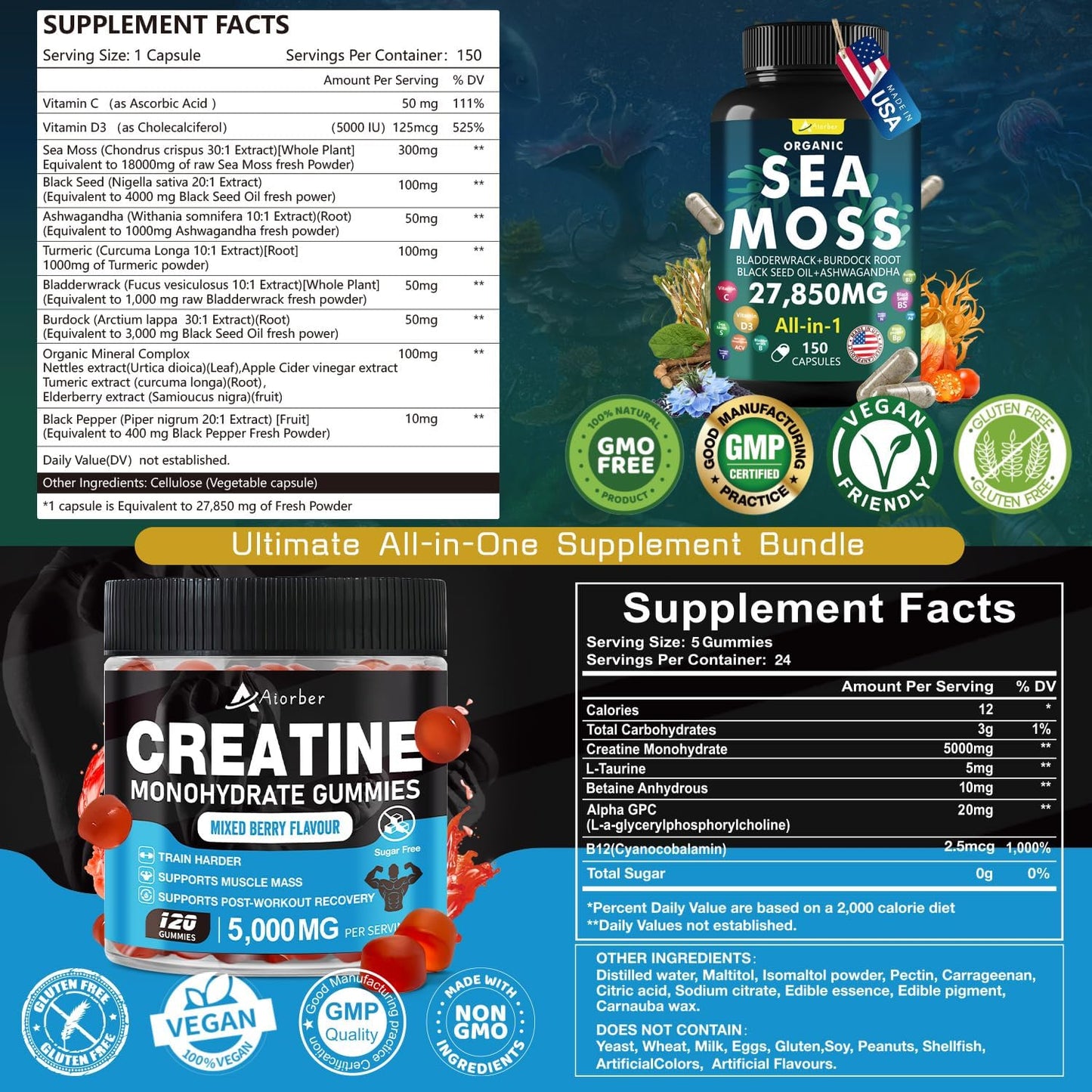 Organic Sea Moss & Creatine Monohydrate Gummies Bundle - 270 Count (2 Pack) with Black Seed Oil, Aşhwagandha, and Ginger
