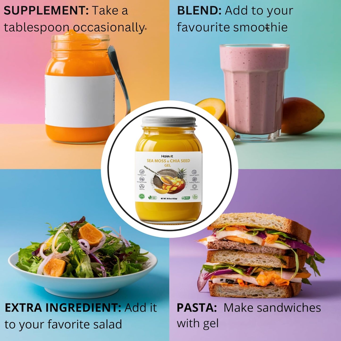 Organic Sea Moss Gel with Chia Seeds - Immune & Digestive Support, Vegan Superfood - Mango Pineapple Flavor - 16 oz - Made in USA