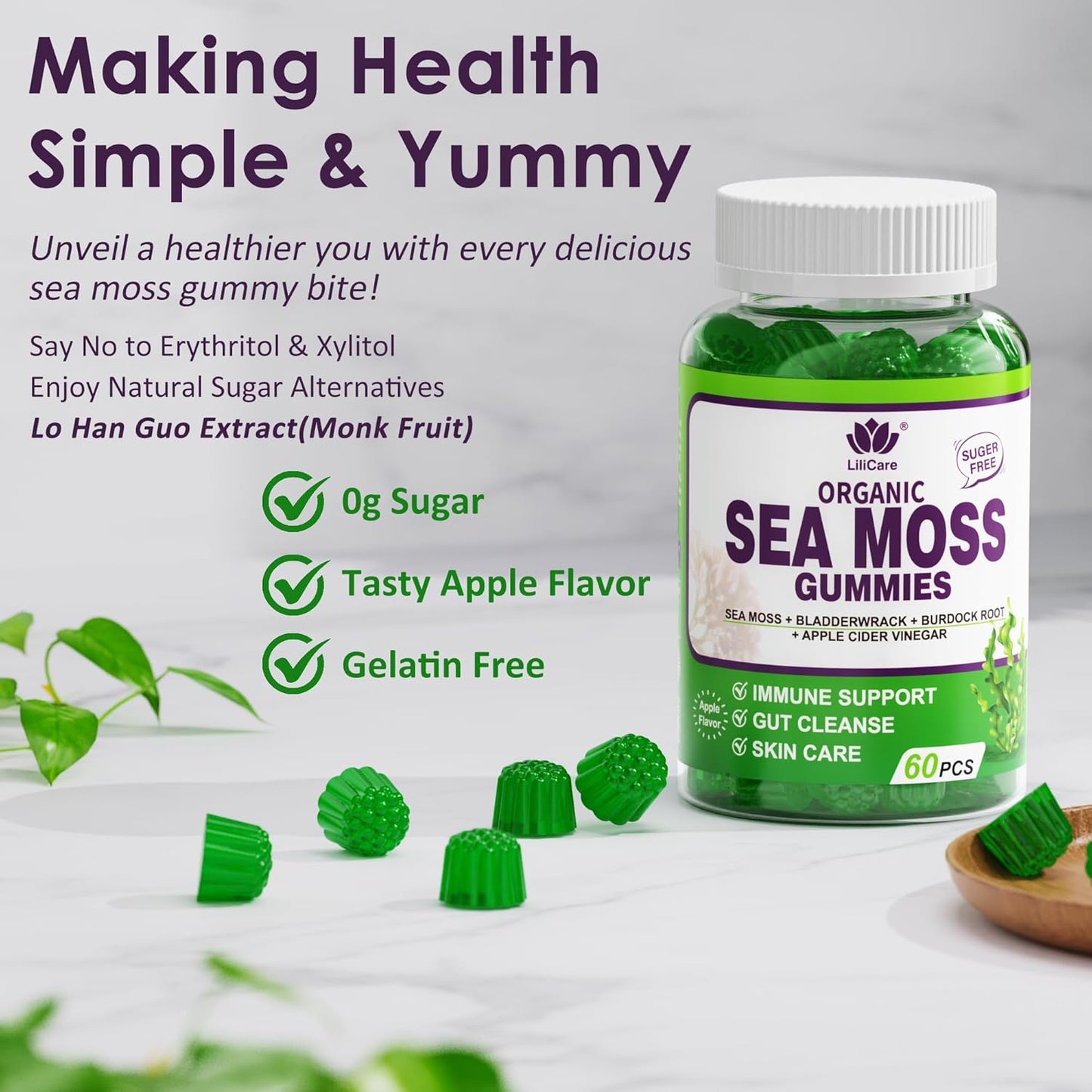 Organic Sea Moss Gummies for Immune & Thyroid Support - Apple Cider Vinegar, Burdock Root, Bladderwrack - Vegan Supplement for Gut & Skin Health, Sugar-Free - 60 Count