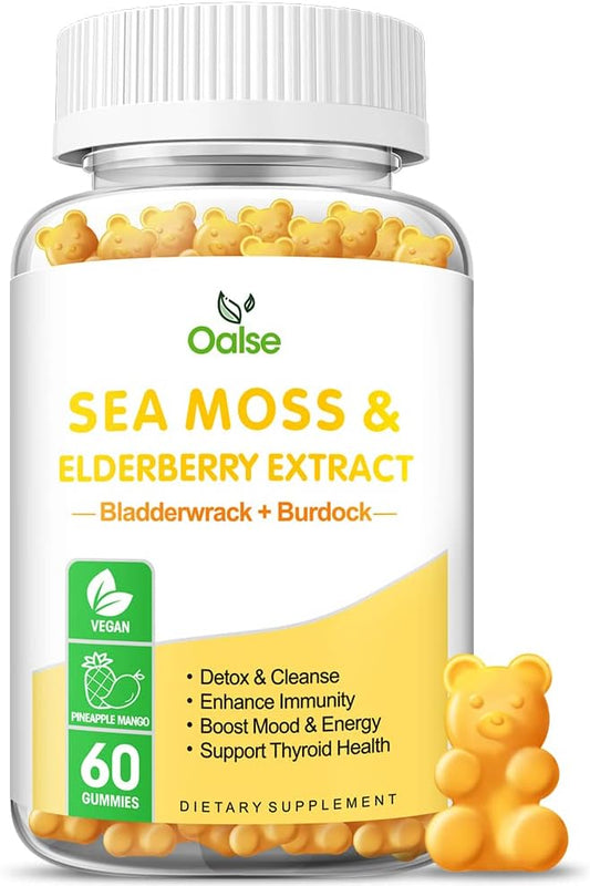 Organic Sea Moss Gummies with Bladderwrack, Burdock Root, Elderberry, Zinc, Vitamin C & D3 - Immune Support & Energy Boost - 2000mg Raw Seamoss - for Adults & Kids - 1-Pack - BoostGo Australia