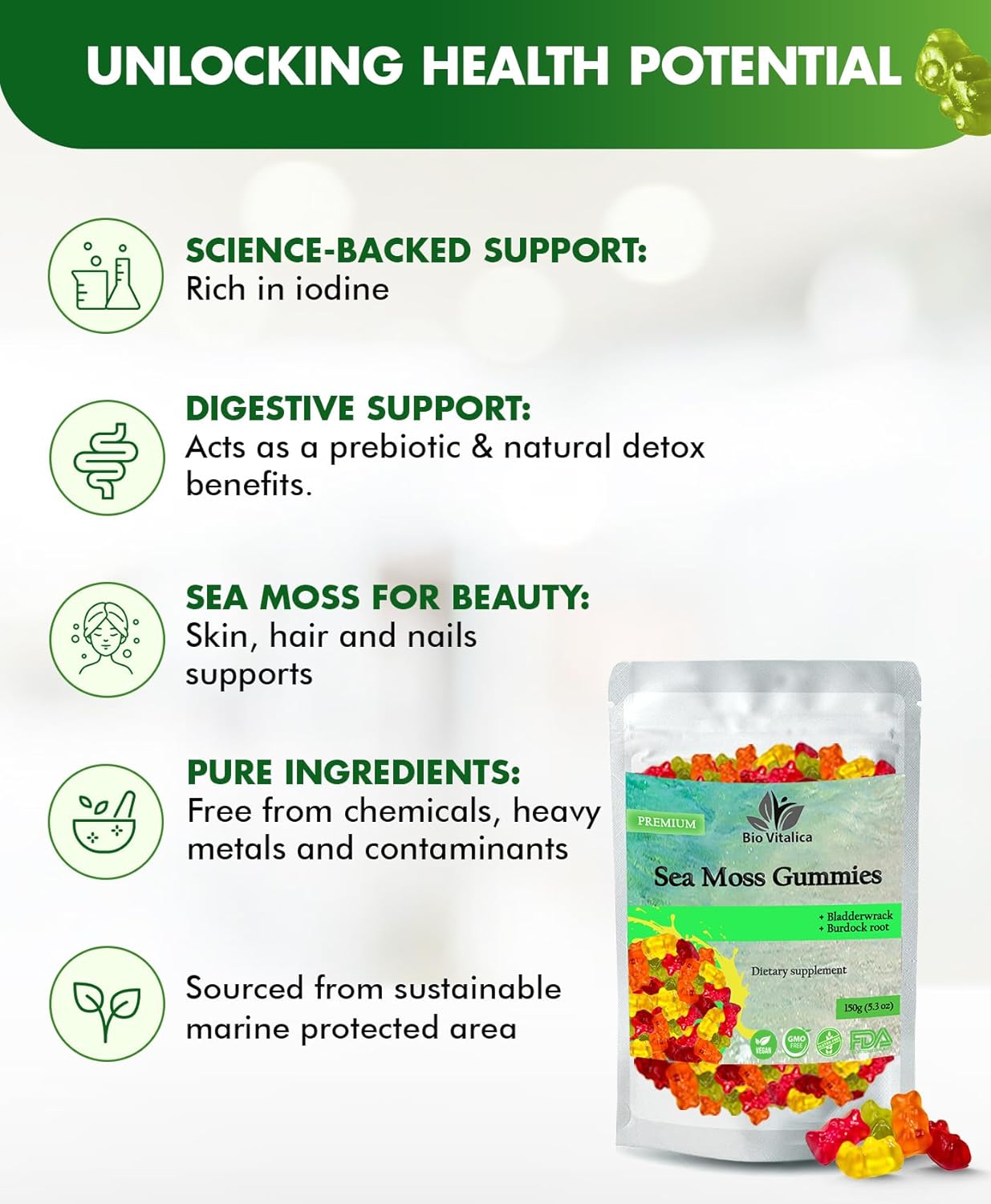 Organic Sea Moss Gummies with Bladderwrack & Burdock Root - Dr Sebi Diet Superfoods for Immune Boosting - Vegan & Keto Friendly (3 Pack) - BoostGo Australia