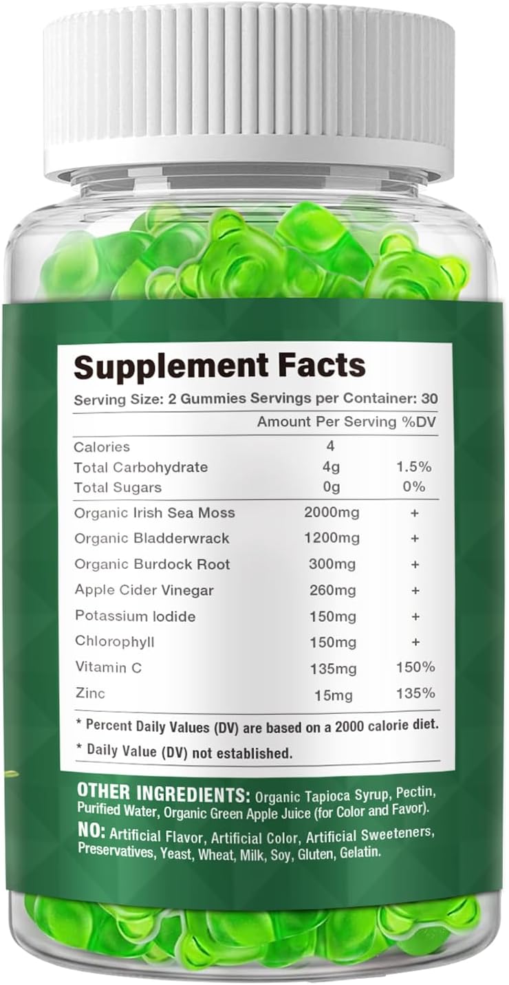 Organic Sea Moss Gummy Bears - Vegan Seamoss Supplement for Energy & Immune Support - 60 Gummies with Bladderwrack & Burdock Root