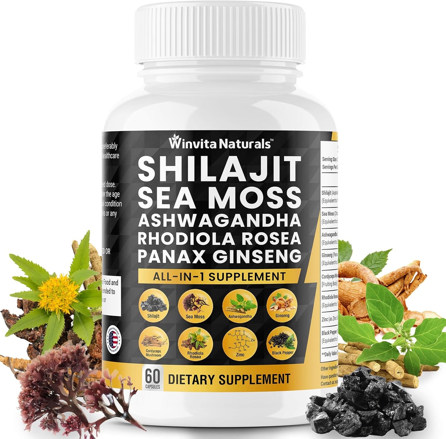 Organic Sea Moss Shilajit Capsules with Ashwagandha, Ginseng, Cordyceps, Zinc, Fulvic Acid & Trace Minerals - 10,000mg Himalayan Shilajit - USA Made