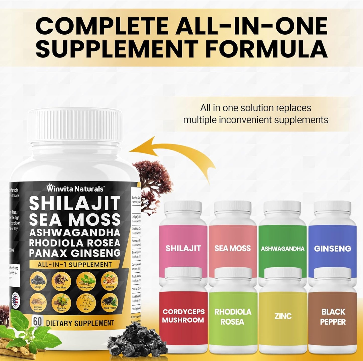 Organic Sea Moss Shilajit Capsules with Ashwagandha, Ginseng, Cordyceps, Zinc, Fulvic Acid & Trace Minerals - 10,000mg Himalayan Shilajit - USA Made