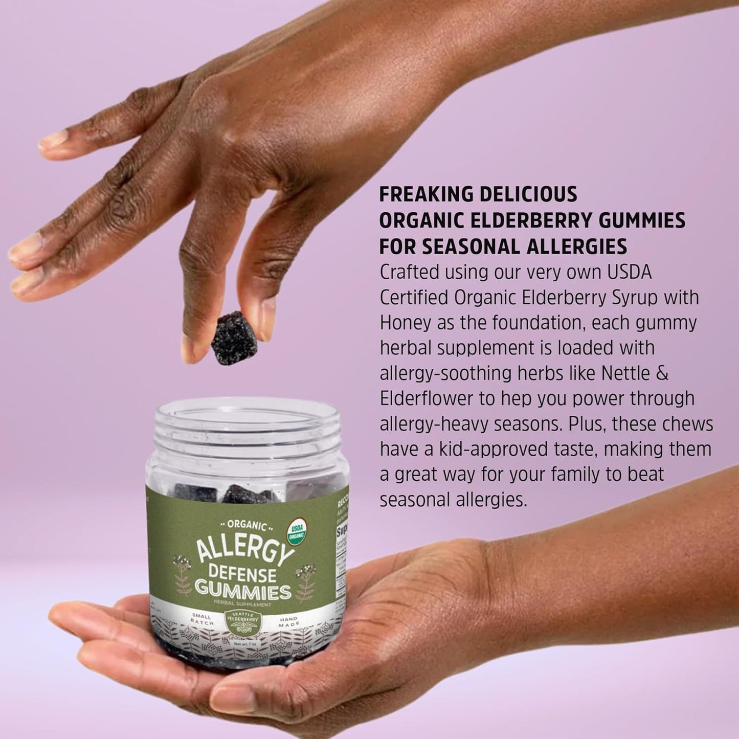 Organic Seattle Elderberry Allergy Defense Gummies - Gluten-Free & Gelatin-Free Herbal Supplement for Allergies - Made in USA - 7oz