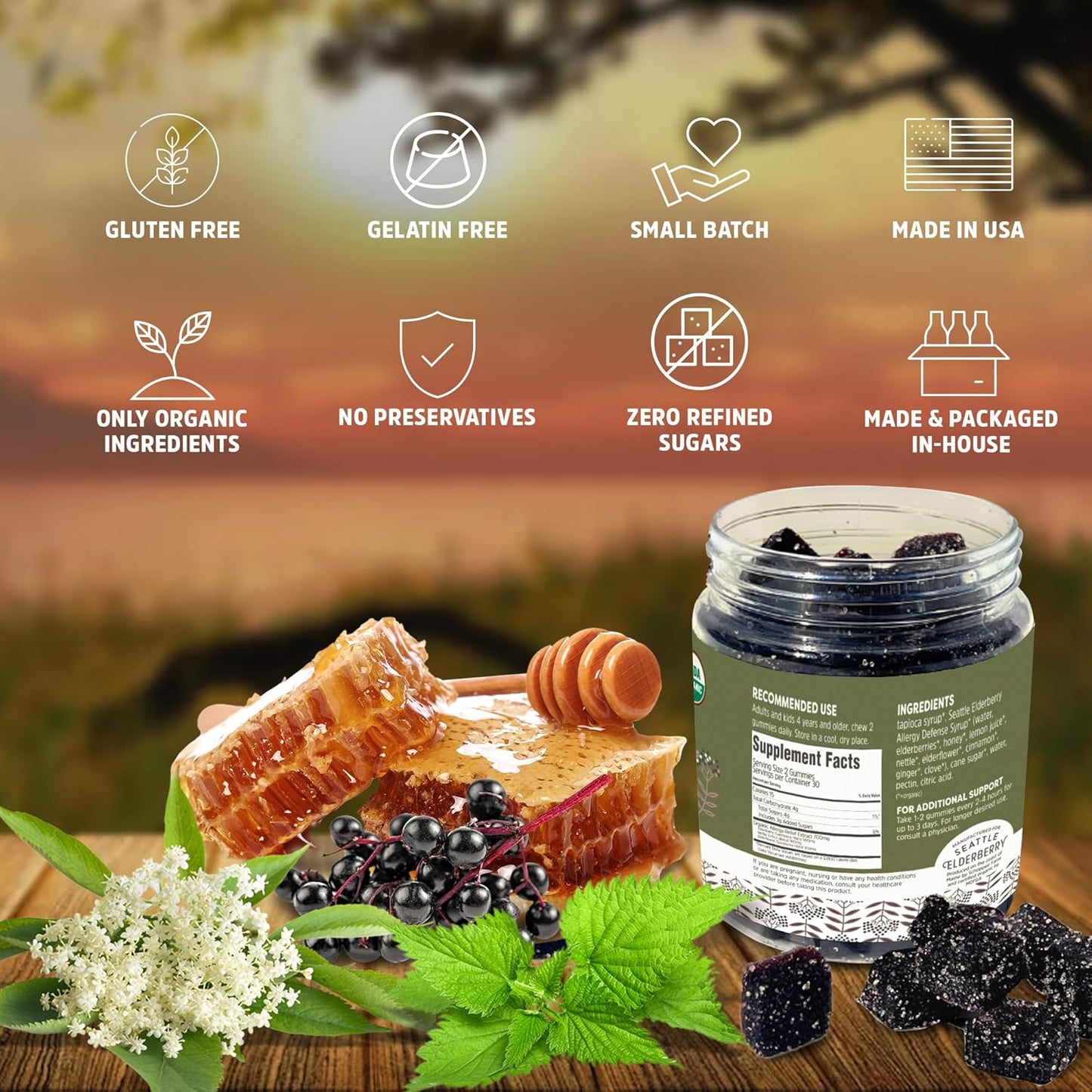 Organic Seattle Elderberry Allergy Defense Gummies - Gluten-Free & Gelatin-Free Herbal Supplement for Allergies - Made in USA - 7oz