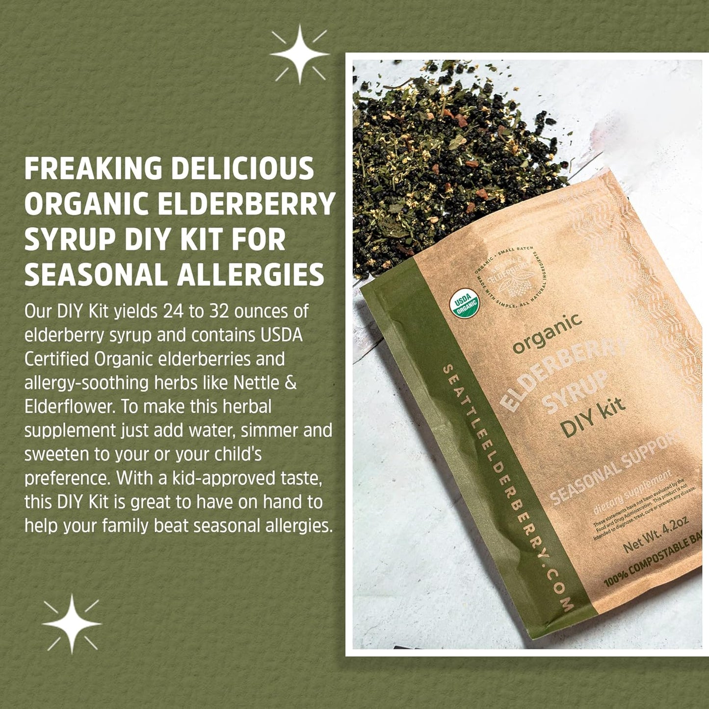 Organic Seattle Elderberry Allergy Support Syrup DIY Kit - Gluten-Free Herbal Supplement with Potent Benefits - 4oz