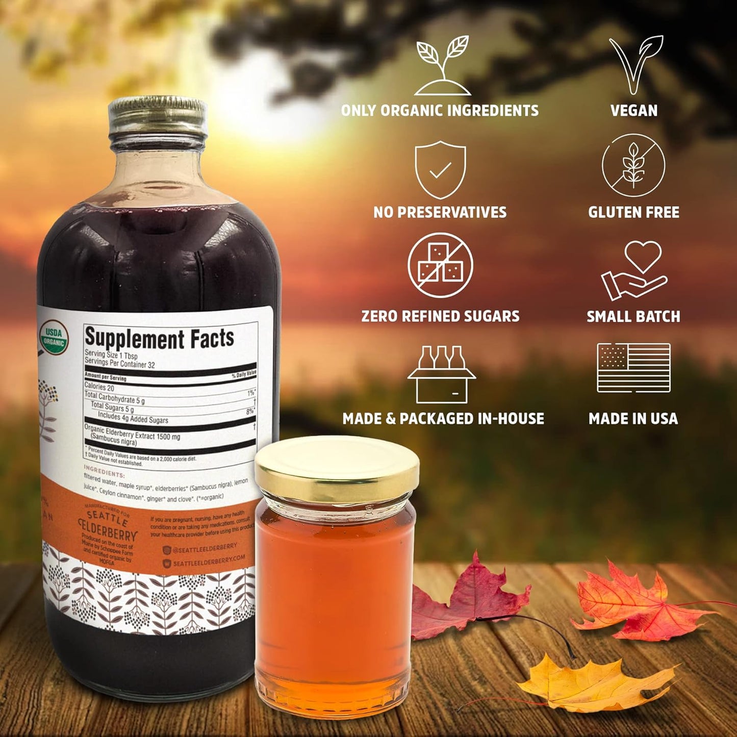 Organic Seattle Elderberry and Maple Syrup - Vegan, Gluten-Free Herbal Supplement for Immune Support - Small Batch, USA-Made 16oz