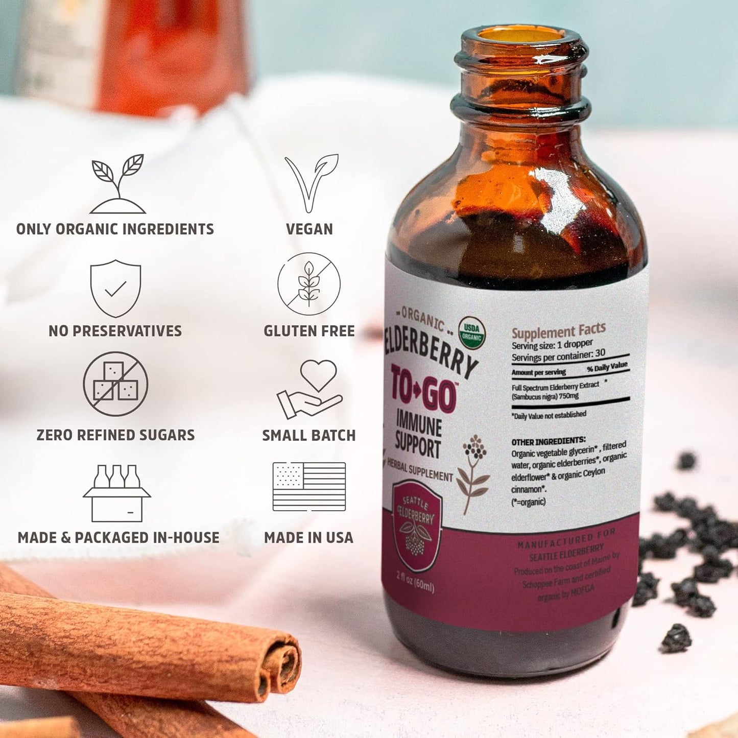 Organic Seattle Elderberry Immune Booster Tincture - Vegan & Gluten-Free Herbal Supplement - Small Batch Made in USA - 2oz