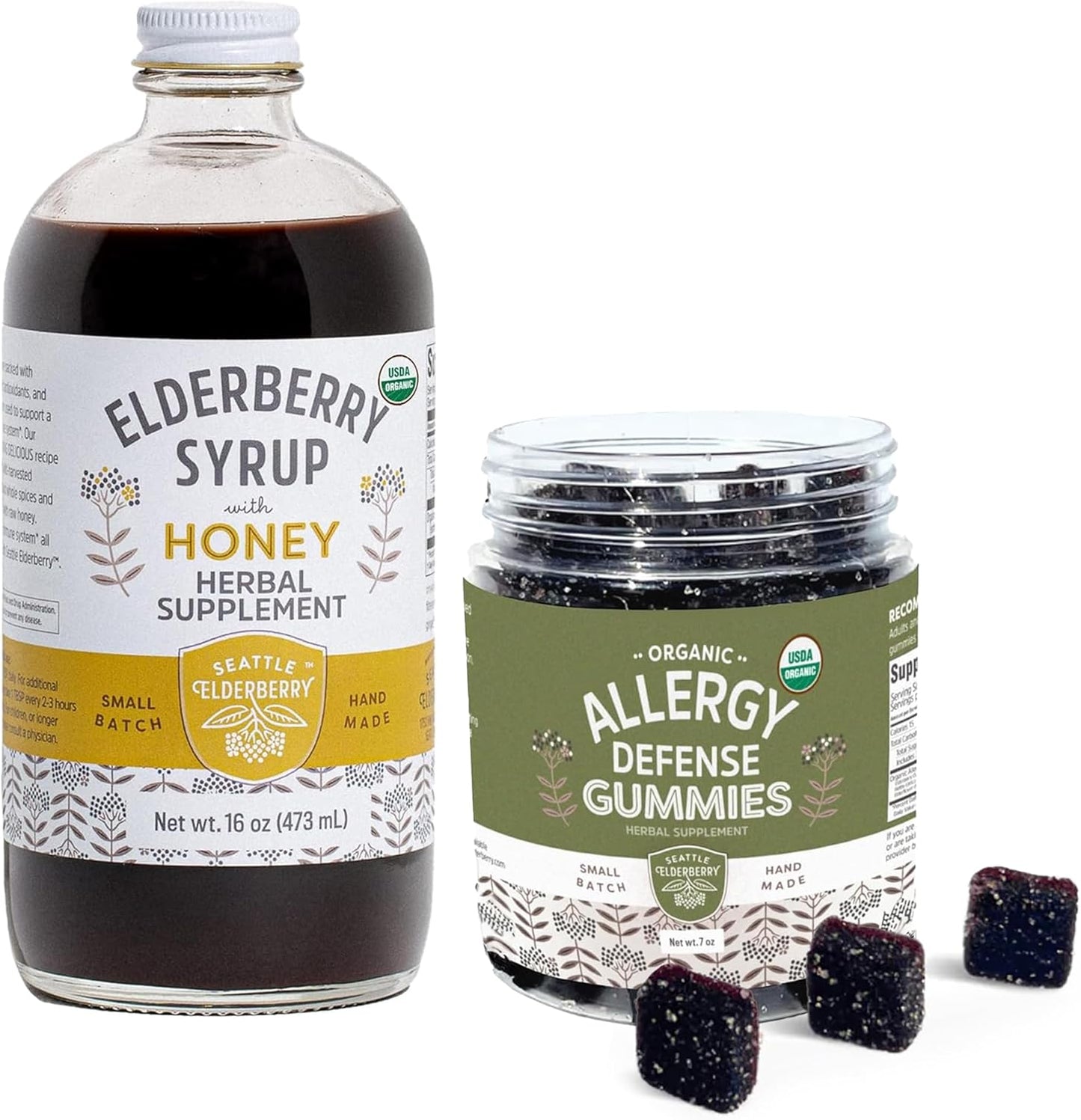 Organic Seattle Elderberry Syrup & Gummies Bundle - 16oz Bottle of Herbal Supplement Syrup with Honey & 7oz Original Gummies - Made in USA