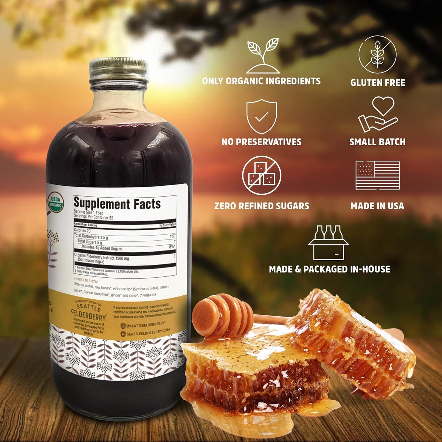 Organic Seattle Elderberry Syrup with Raw Honey - Gluten-Free Immune-Boosting Herbal Supplement - Small Batch USA-Made - 16oz