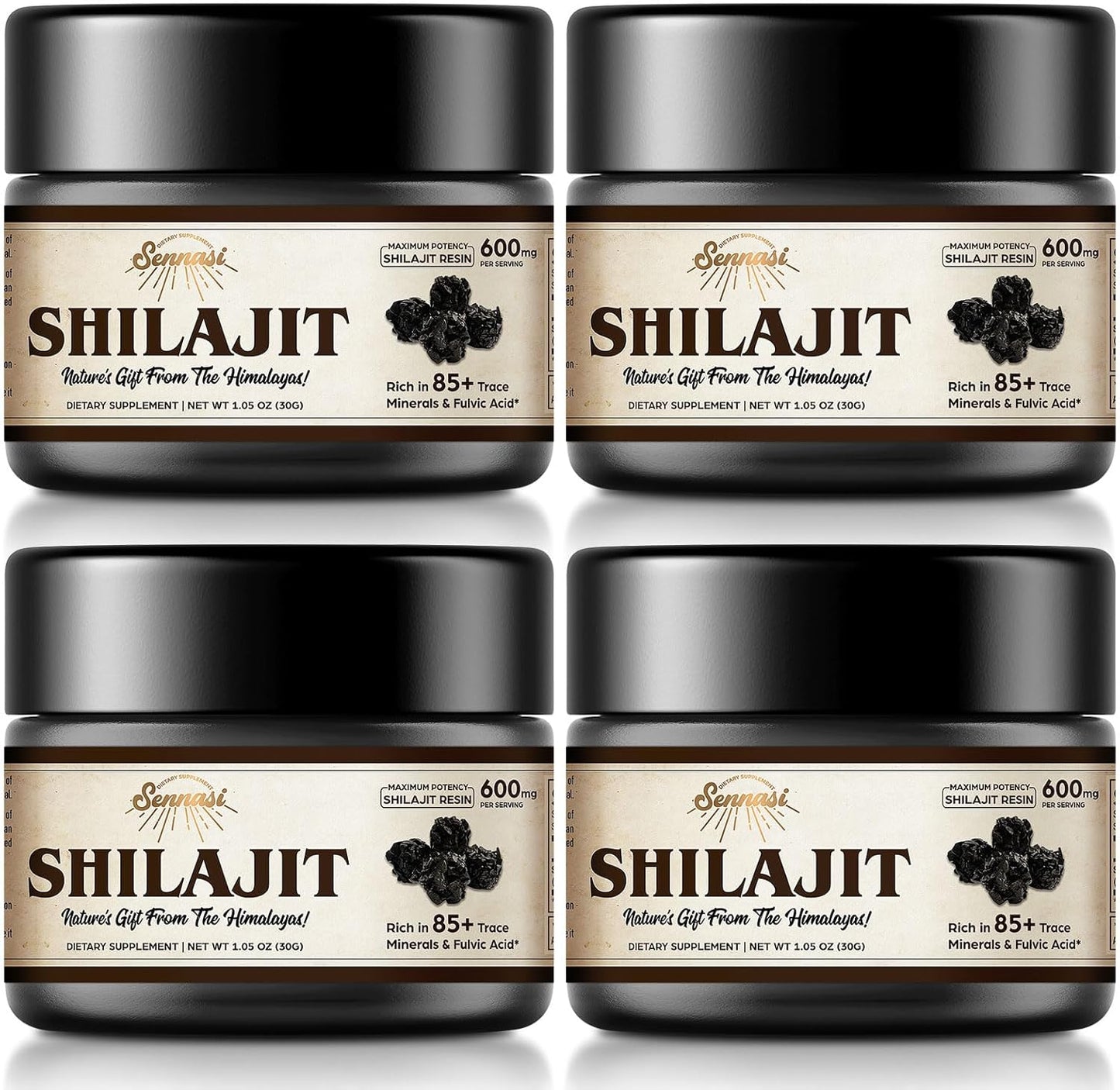 Organic Sennasi Shilajit Resin 600mg - 85+ Trace Minerals & Fulvic Acid for Energy & Immune Support - 30g (4 Pack)