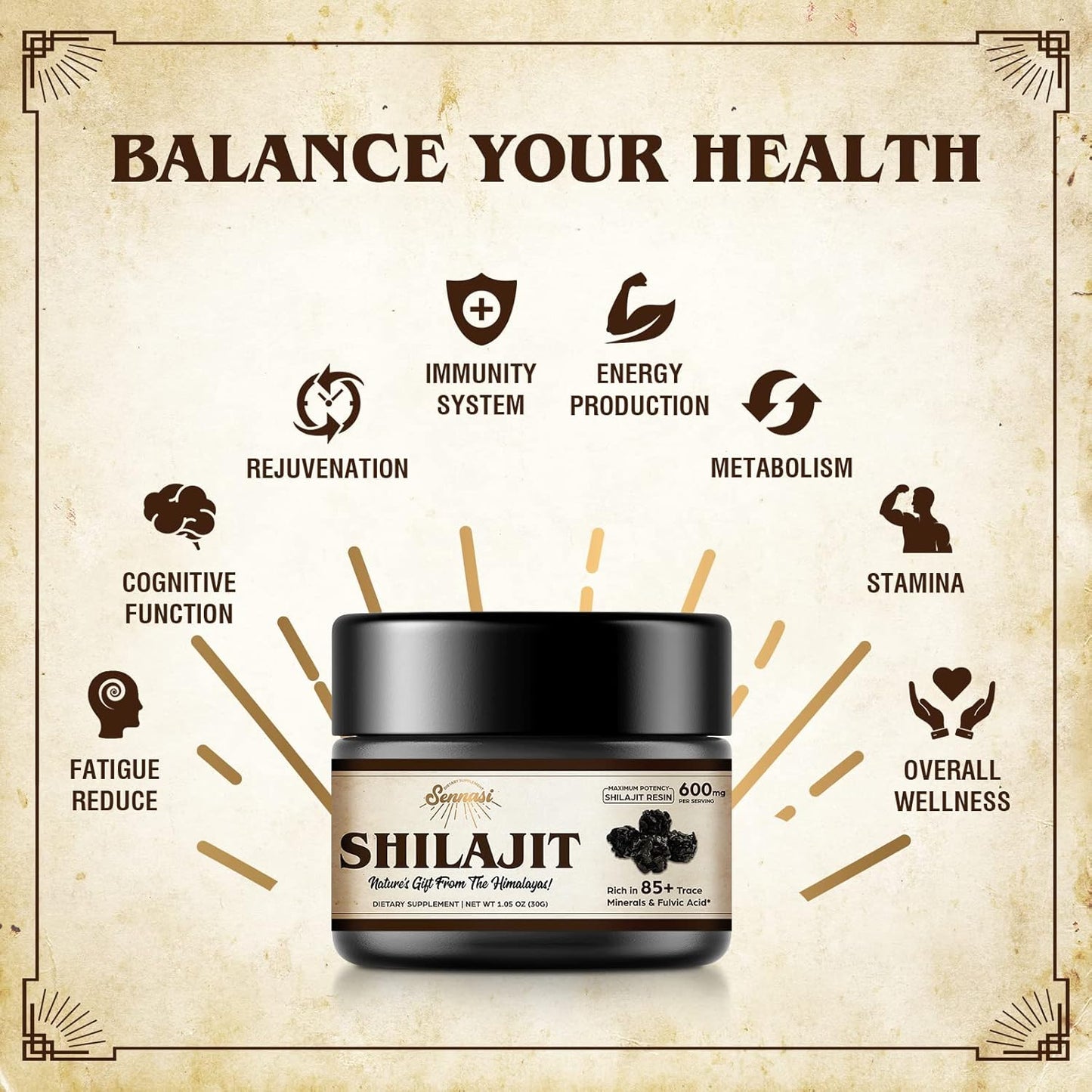 Organic Sennasi Shilajit Resin 600mg - 85+ Trace Minerals & Fulvic Acid for Energy & Immune Support - 30g (4 Pack)
