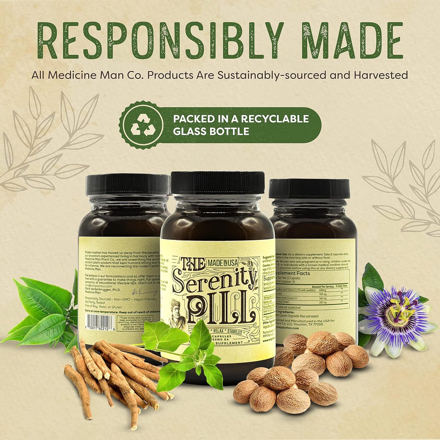 Organic Serenity Pill with Ashwagandha, Passion Flower, Nutmeg, Green Tea Extract - 60 Capsules - Natural Anti-Stress Supplement by Medicine Man Plant Co
